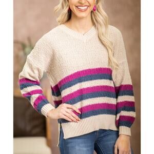 Lumiere Striped V-Neck Sweater Small Neutral Burgundy Navy Cozy Knit Pullover